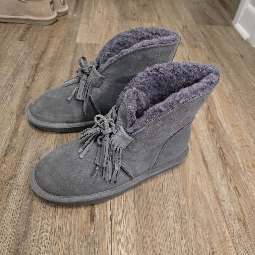 BEARPAW Christie Suede Sheepskin Fringe Boot with NeverWet | Gray | 9